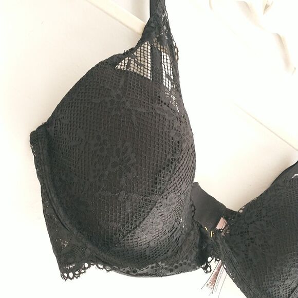 Victoria Secret Plunge Bra 36D Black Floral Lace Underwire Logo - Picture 4 of 11